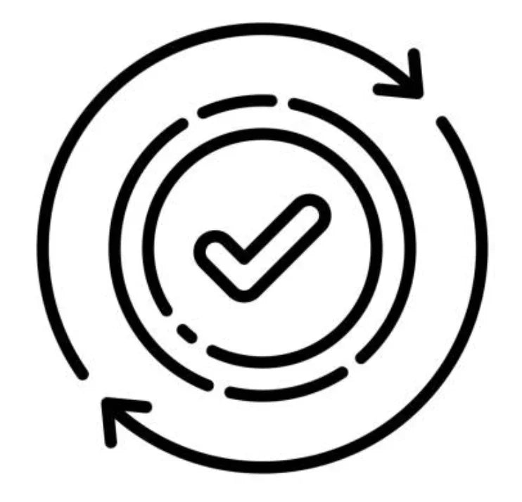 Black outline checkmark in circle with two curved arrows, symbolizing mental health support