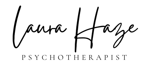 Minimalist signature logo with the words 'Laura Haze Psychotherapist' in black text