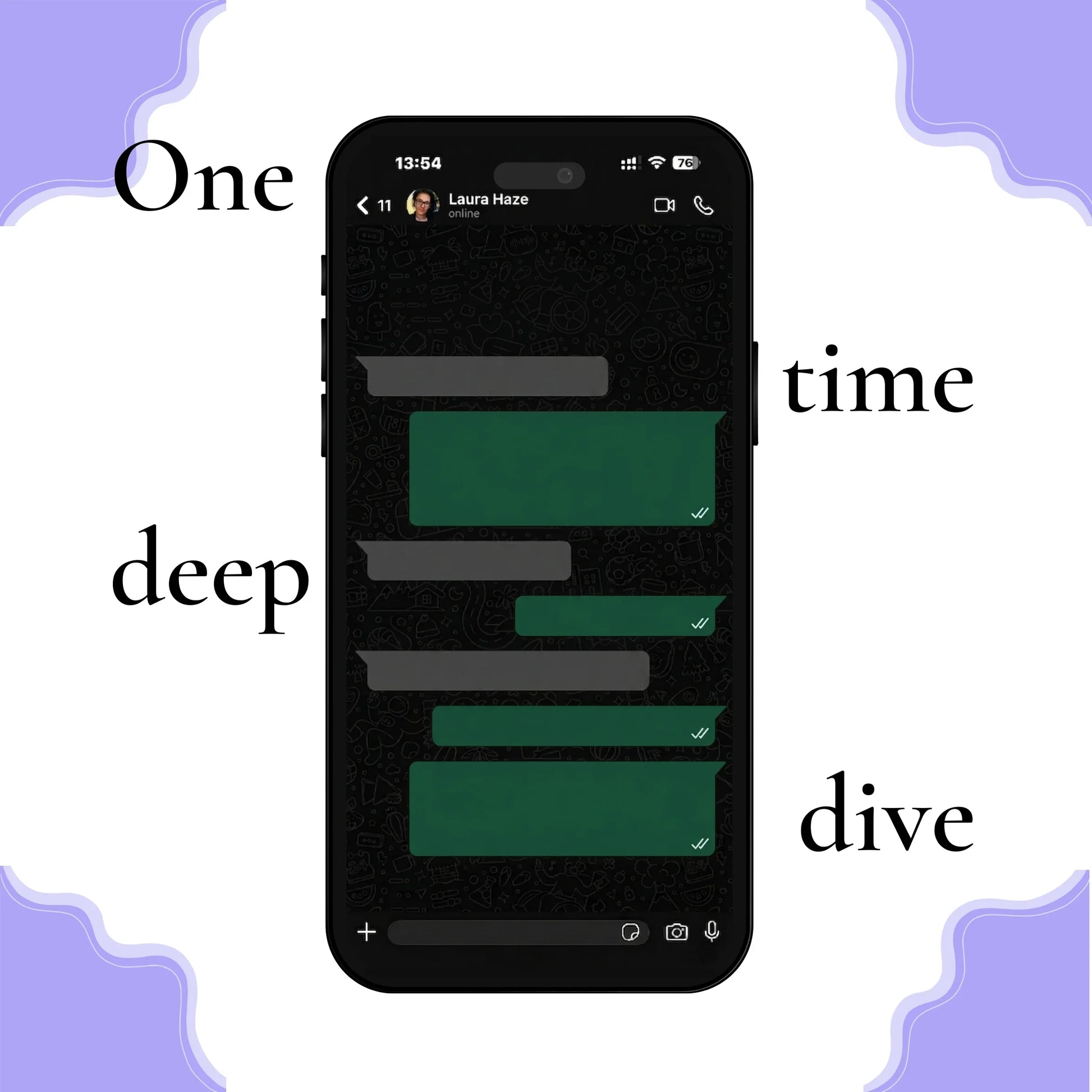 Smartphone displaying an online therapy chat with text reading 'One deep time dive'.