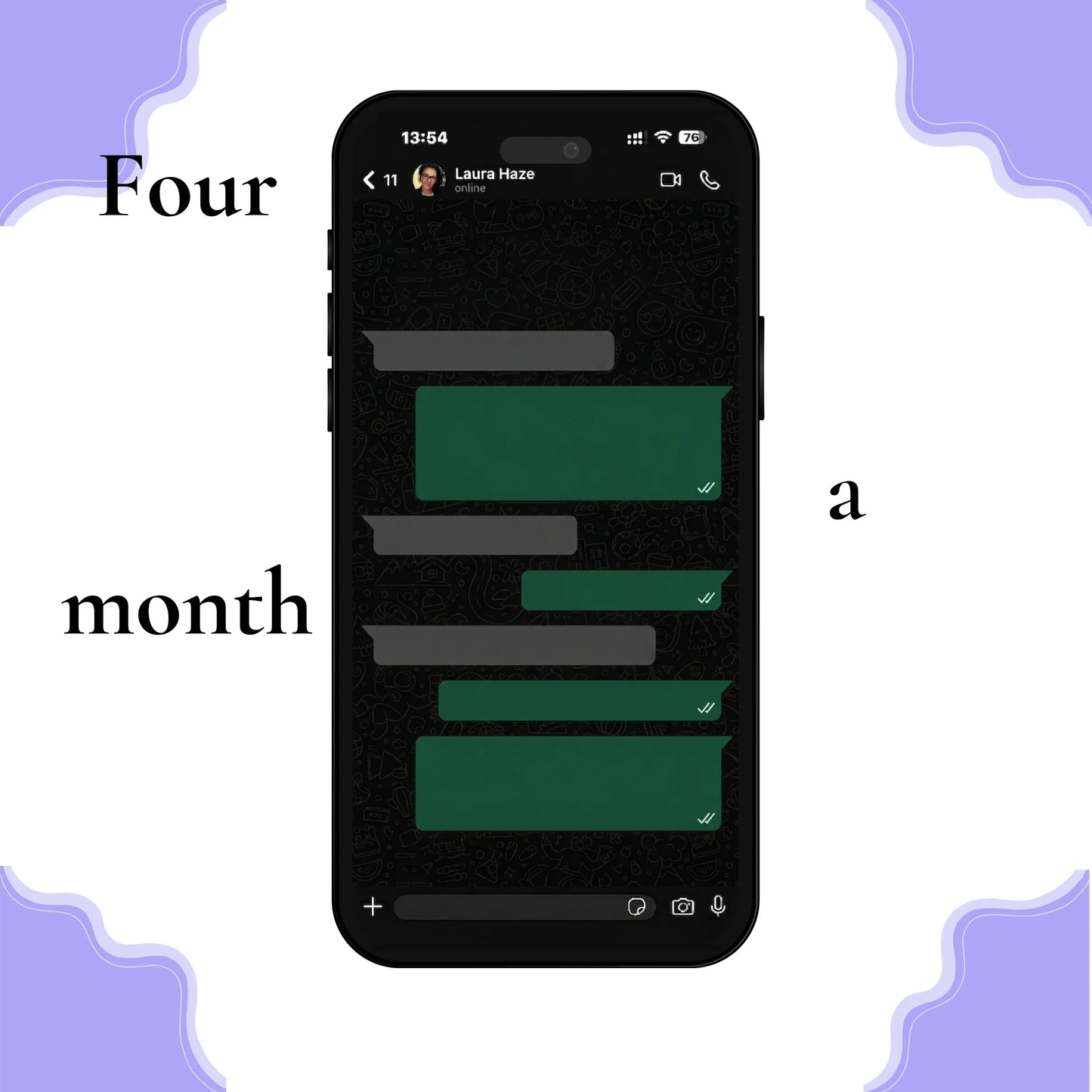 Smartphone screen showing anonymous online therapy chat, text overlay reads 'Four a month'.