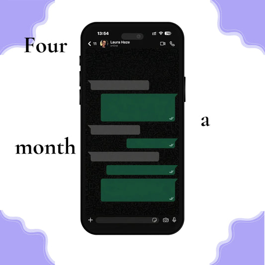 Smartphone screen showing anonymous online therapy chat, text overlay reads 'Four a month'.